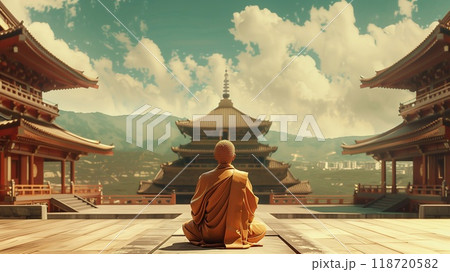 A monk sits quietly in meditation between two stunning pagodas, reflecting on the beauty of nature and spirituality during dusk 118720582