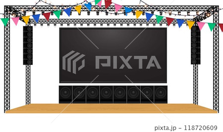 wooden stage and speaker with led screen on the truss system on the white background	 118720609