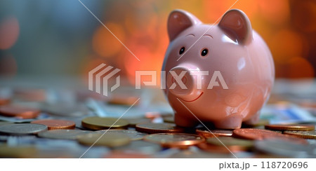 A pink piggy bank smiles while sitting among various coins, highlighting the joy and value of saving money in everyday life 118720696
