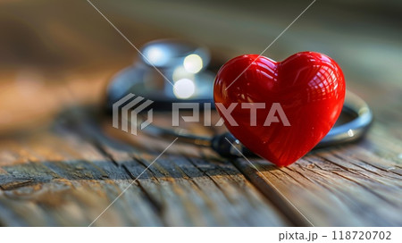 A vibrant red heart symbol rests on wood by a stethoscope, highlighting the importance of cardiology and heart health in medical settings 118720702