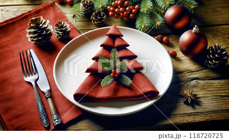 Christmas table setting with red napkin folded as a holiday tree 118720725