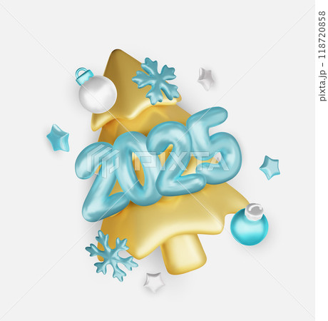 2025 Happy New Year. Realistic xmas tree and metal number. 3d render metallic sign. Celebrate party 2025. Christmas Poster, banner, cover card, brochure, flyer, layout design 118720858