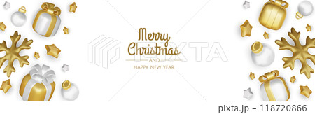 Christmas holiday banner. Christmas tree and xmas ball, gift, snowflakes. Gold and red glitter decoration. For holiday headers, cards, party posters. 118720866