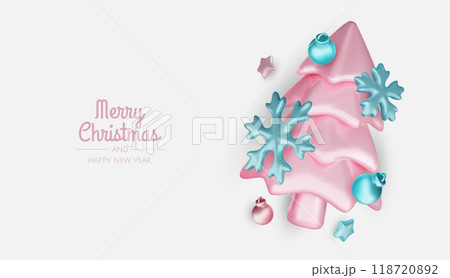 Christmas winter festive composition. Colorful Xmas background realistic 3d decorative design objects, christmas tree, gift boxes, xmas ball, gold confetti. Happy New Year. Vector illustration 118720892