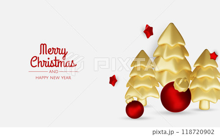Christmas winter festive composition. Colorful Xmas background realistic 3d decorative design objects, christmas tree, gift boxes, xmas ball, gold confetti. Happy New Year. Vector illustration Christmas winter festive composition. Colorful Xmas background realistic 3d decorative design objects, christmas tree, gift boxes, xmas ball, gold confetti. Happy New Year. Vector illustration 118720902