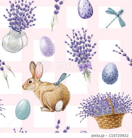 Easter bunny with lavender flowers decorative seamless pattern. Watercolor illustration. Hand drawn cute bunny, painted eggs, lavender. Easter festive decor element with rabbit in tender colors Easter bunny with lavender flowers decorative seamless pattern. Watercolor illustration. Hand drawn cute bunny, painted eggs, lavender. Easter festive decor element with rabbit in tender colors 118720922