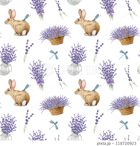 Springtime romantic seamless pattern with bunny and lavender flowers. Watercolor vintage style illustration. Hand drawn cute bunny, lavender elements in tender colors for printing, textile design Springtime romantic seamless pattern with bunny and lavender flowers. Watercolor vintage style illustration. Hand drawn cute bunny, lavender elements in tender colors for printing, textile design 118720923