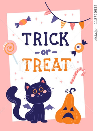 Trick or treat cover or card design. Cute black cat and pumpkin and hand drawn calligraphy. Vector illustration template Trick or treat cover or card design. Cute black cat and pumpkin and hand drawn calligraphy. Vector illustration template 118720932