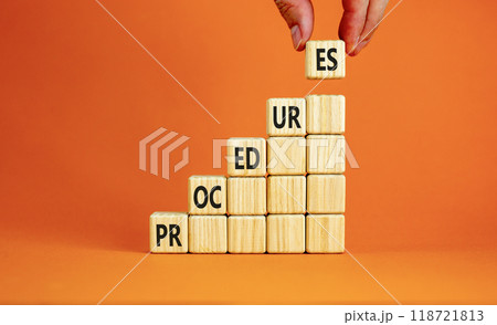 Procedures symbol. Concept word Procedures on beautiful wooden cubes. Beautiful orange background. Businessman hand. Business procedures concept. Copy space. Procedures symbol. Concept word Procedures on beautiful wooden cubes. Beautiful orange background. Businessman hand. Business procedures concept. Copy space. 118721813