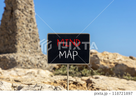 Mind map symbol. Concept words Mind map on beautiful black chalk blackboard on a beautiful beach stone blue sky background. Business, support, motivation, psychological mind map concept. Copy space. 118721897