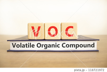 VOC volatile organic compound symbol. Concept words VOC volatile organic compound on beautiful wooden blocks. Beautiful white background. Business VOC volatile organic compound concept. Copy space. 118721972