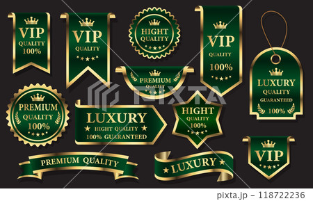 Green golden luxury premium quality label badges on grey background vector Green golden luxury premium quality label badges on grey background vector 118722236