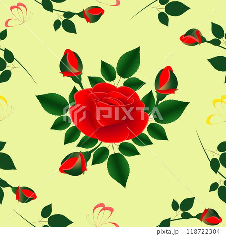 Bouquet of red roses with butterflies and branches of buds on a yellow background, seamless pattern. Bouquet of red roses with butterflies and branches of buds on a yellow background, seamless pattern. 118722304