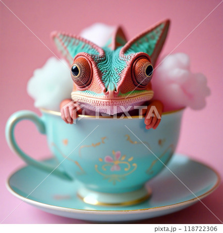 Chameleon relaxing in fancy teacup with cotton candy Chameleon relaxing in fancy teacup with cotton candy 118722306