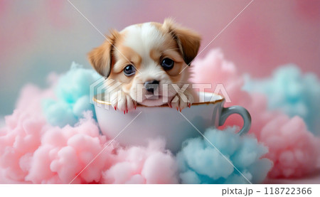 Cute puppy posing in a tea cup surrounded by cotton candy 118722366