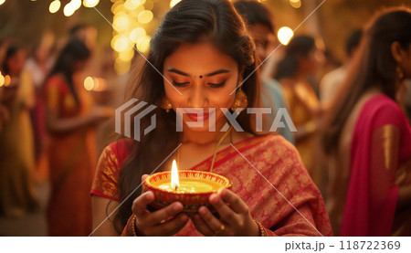 Young indian woman holding diya lamp celebrating diwali festival Young indian woman holding diya lamp celebrating diwali festival 118722369