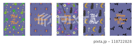 Set of Cards or posters with cute hand drawn Halloween illustrations and greetings 118722828
