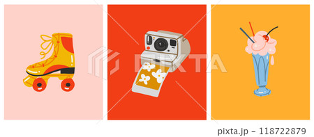 Set of summer retro cartoon 80s-90 snostalgia elements. Hand drawn retro Icons collection set with retro phones,roller skates,ice cream and vintage symbols.Nostalgia set of 1990s,1980s modern symbols. 118722879