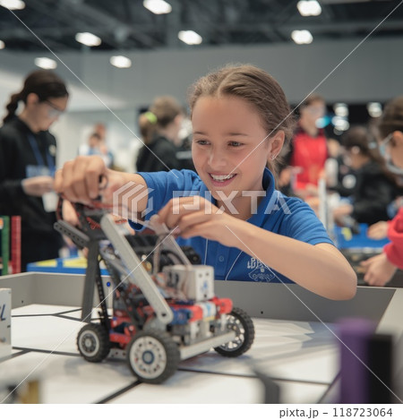 A young girl participating in robotic competition, as she adjusts her robot. Her focused hands skillfully assemble parts, surrounded by peers, embodying innovation in tech. A young girl participating in robotic competition, as she adjusts her robot. Her focused hands skillfully assemble parts, surrounded by peers, embodying innovation in tech. 118723064