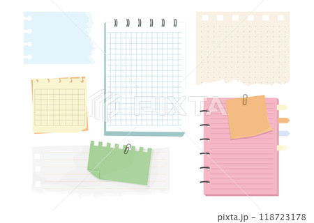 Memo notes, paper for note with clip, postit. Planner notebook page. Idea list. Post note sticker. Quote frame, reminder. 118723178