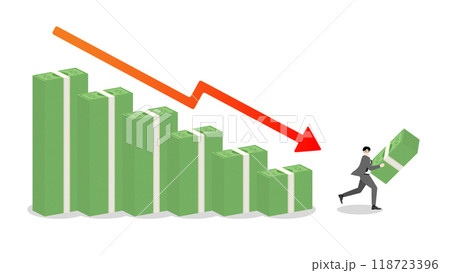 A businessman holds banknotes, runs away from stack of money bar chart with red graph down. Withdraw capital in business recession, economic strategy, financial, market performance, loss management 118723396