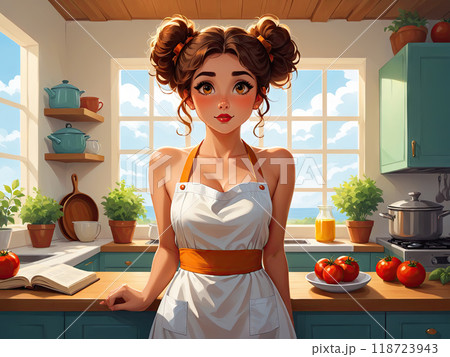 Thoughtful Home Cook Planning Meal in Cozy Kitchen. Culinary Dilemma: Puzzled Woman in Yellow Sundress Contemplating Recipes 118723943