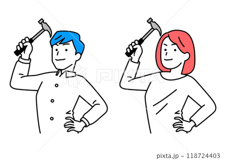 ハンマーを構えるカジュアルな男女 セット ハンマーを構えるカジュアルな男女 セット 118724403