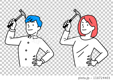 ハンマーを構えるカジュアルな男女 セット ハンマーを構えるカジュアルな男女 セット 118724403