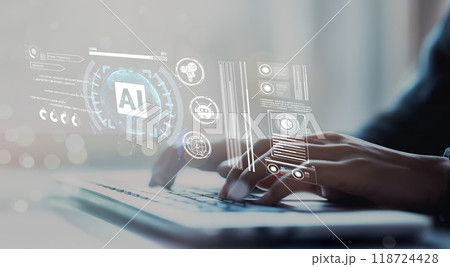 Human interact with AI artificial intelligence brain process generative AI EIDE 118724428