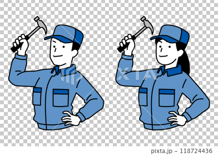 Set of men and women in overalls holding hammers 118724436
