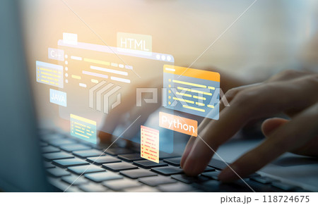 Software developer work with coding overlays of programming languages EIDE 118724675