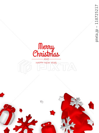 Happy New Year and Merry Christmas. Christmas holiday background with realistic 3d objects, xmas balls, metal stars, snowflake, gift box. 118725217