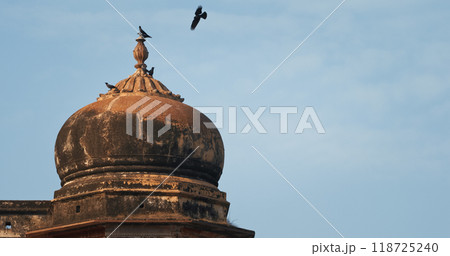 Varanasi, Uttar Pradesh, India. Crow Sits On A Tower Of Het Singh Fort, Jain Ghat. Clear Blue Sky. Flight. Ancient Fort. Red Wall Of Chet Singh Fort 118725240