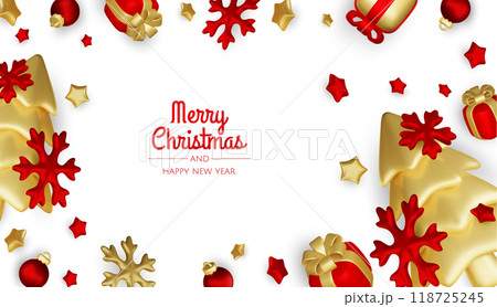 Merry christmas greeting card vector poster. Christmas elegant invitation template with xmas balls, xmas tree and snowflakes. Vector illustration holiday season greeting 118725245