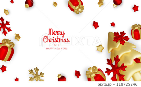 Merry Christmas and happy new year background. Christmas tree, Gift boxes, Christmas balls. Christmas element for web, banners, greeting card, template design. 118725246