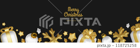 Happy New Year and Merry Christmas. Christmas holiday background with realistic 3d objects, xmas balls, metal stars, snowflake, gift box. Happy New Year and Merry Christmas. Christmas holiday background with realistic 3d objects, xmas balls, metal stars, snowflake, gift box. 118725258