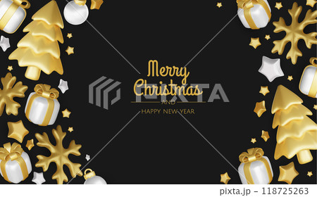 Happy New Year and Merry Christmas. Christmas holiday background with realistic 3d objects, xmas balls, metal stars, snowflake, gift box. 118725263
