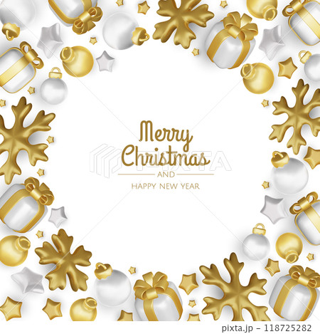 Happy New Year and Merry Christmas. Christmas holiday background with realistic 3d objects, xmas balls, metal stars, snowflake, gift box. Happy New Year and Merry Christmas. Christmas holiday background with realistic 3d objects, xmas balls, metal stars, snowflake, gift box. 118725282