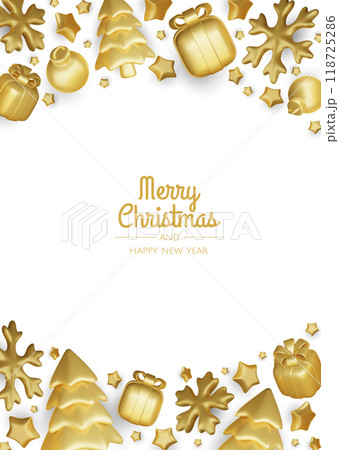 Happy New Year and Merry Christmas. Christmas holiday background with realistic 3d objects, xmas balls, metal stars, snowflake, gift box. Happy New Year and Merry Christmas. Christmas holiday background with realistic 3d objects, xmas balls, metal stars, snowflake, gift box. 118725286