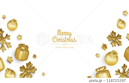 Happy New Year and Merry Christmas. Christmas holiday background with realistic 3d objects,gold and red bauble balls, conical metal stars. Levitation falling design composition. Happy New Year and Merry Christmas. Christmas holiday background with realistic 3d objects,gold and red bauble balls, conical metal stars. Levitation falling design composition. 118725297