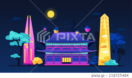 Night in eclectic Korea - modern colored vector illustration 118725484