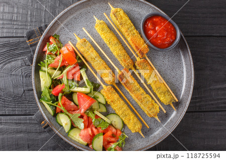 Vegan Kebab Sticks Breaded Eggplant Served with Vegetable Salad and Tomato Sauce Close-up on Plate. Horizontal top view Vegan Kebab Sticks Breaded Eggplant Served with Vegetable Salad and Tomato Sauce Close-up on Plate. Horizontal top view 118725594