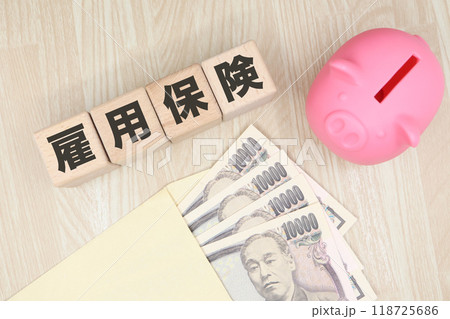 雇用保険のイメージ お金と貯金箱 雇用保険のイメージ お金と貯金箱 118725686