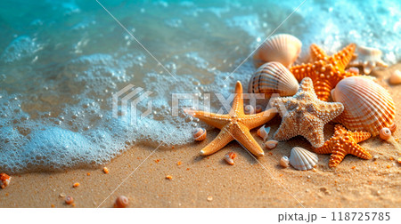 Sea, ocean landscape, many different shells, starfish and ocean inhabitants - AI generated image Sea, ocean landscape, many different shells, starfish and ocean inhabitants - AI generated image 118725785