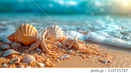 Sea, ocean landscape, many different shells, starfish and ocean inhabitants - AI generated image Sea, ocean landscape, many different shells, starfish and ocean inhabitants - AI generated image 118725787
