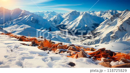 Snowy Alpine mountains, beautiful winter landscape, panorama - AI generated image Snowy Alpine mountains, beautiful winter landscape, panorama - AI generated image 118725829