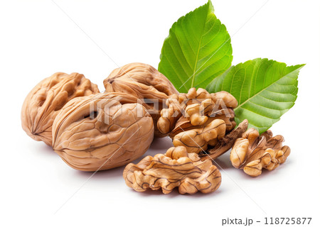 Walnuts with leaves isolated on white background. 118725877
