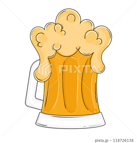 Foamy beer mug with bubbles and handle in cartoon style, Vector 118726138