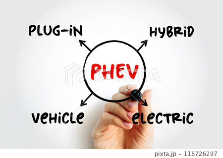PHEV Plug-in Hybrid Electric Vehicle - hybrid electric vehicle whose battery pack can be recharged by plugging a charging cable into an external electric power source, acronym concept background 118726297