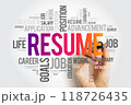 Resume is a brief summary of personal and professional experiences, skills, and education history, word cloud concept background 118726435